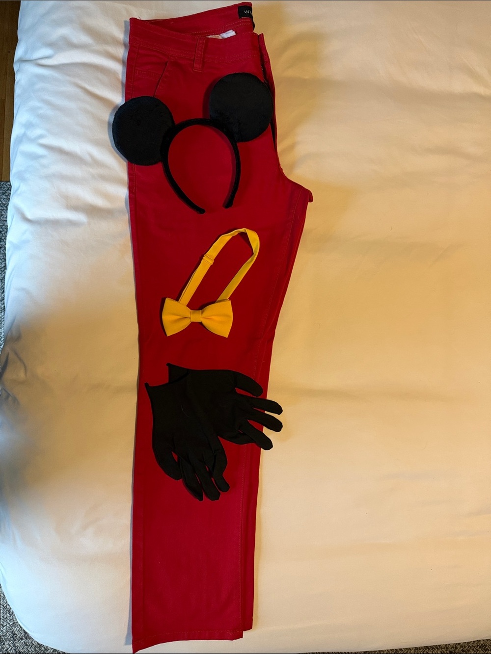 Men’s Red Pants 34x32 + Mickey Mouse Ears BowTie Gloves Halloween Disney Costume